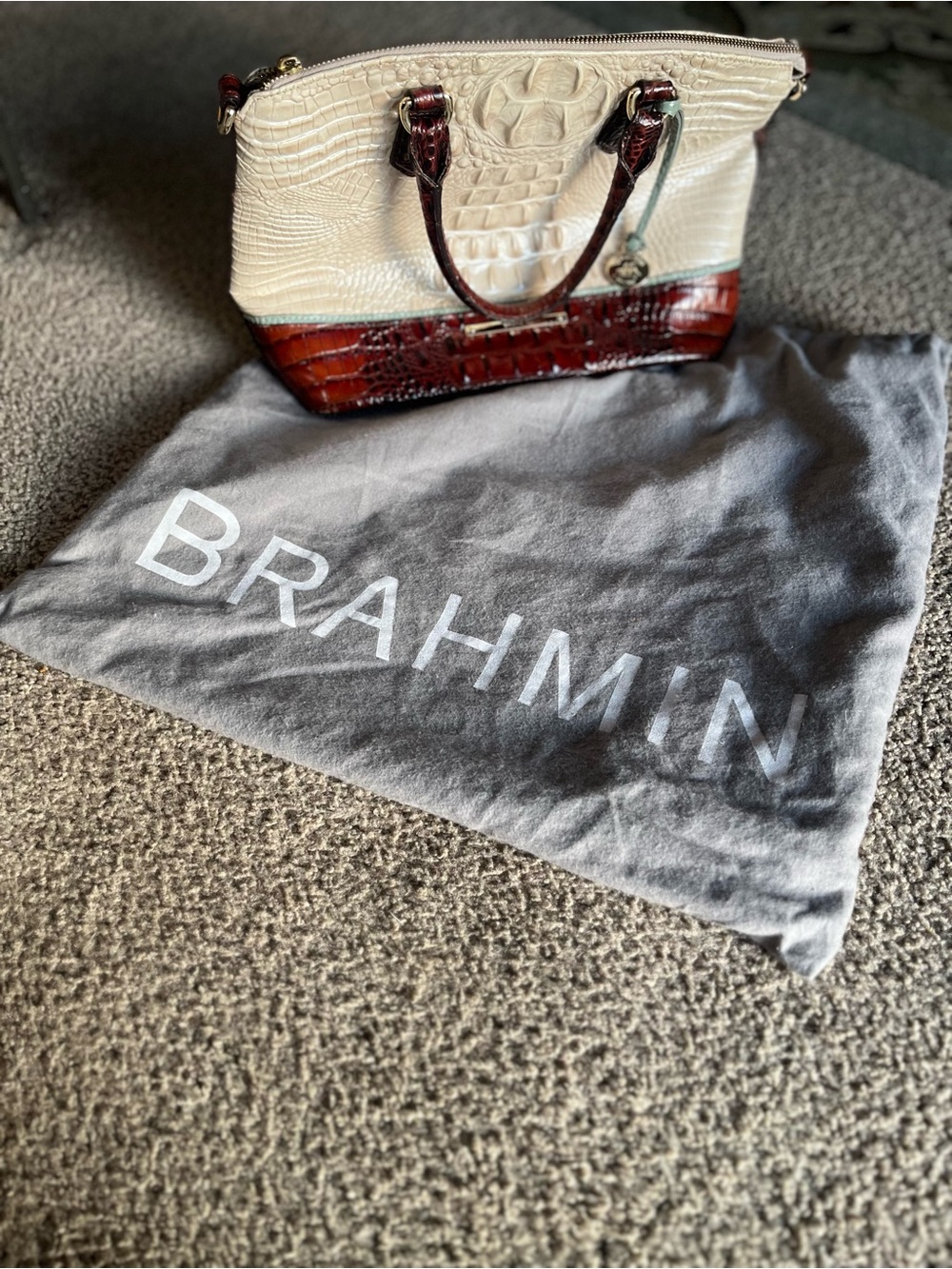 Brahmin Cream and Brown Croc-Embossed Leather Satchel